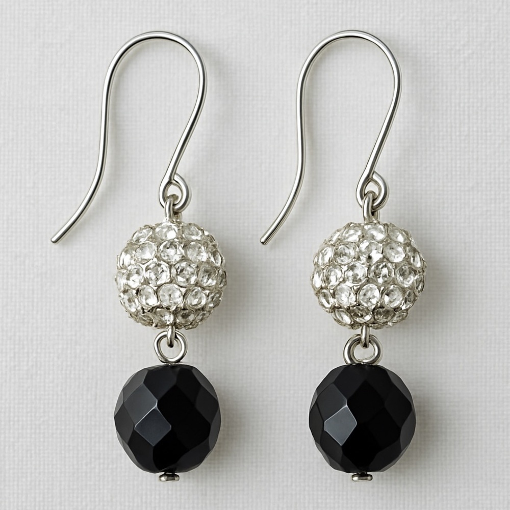 Silver Crystal Ball and Black Bead Drop Earrings